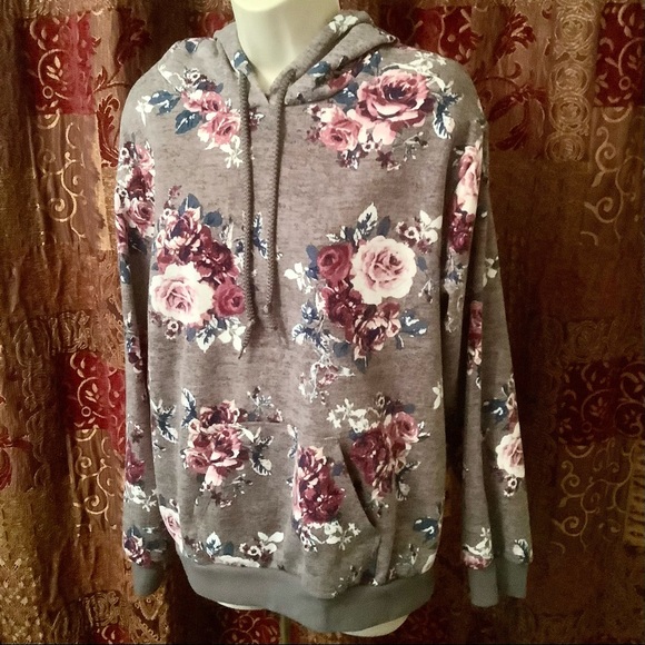 Bebop pullover Hoodie size Large grey floral with kangaroo pocket NEW - Picture 2 of 6